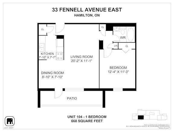 A floor plan for a unit at 33 Fennell Avenue East in Hamilton, Ontario, Canada.