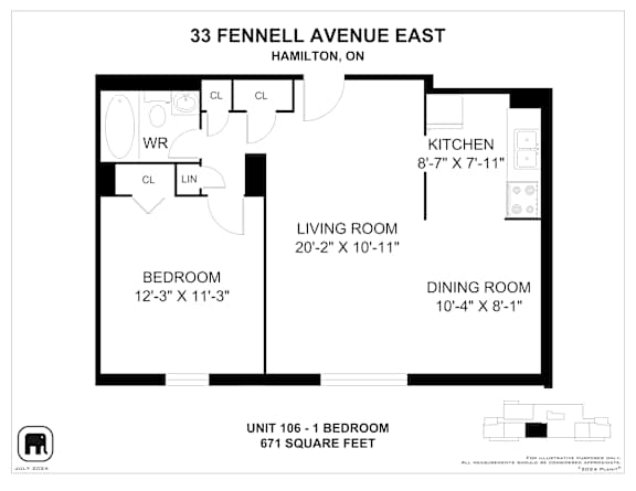A floor plan for a unit at 33 Fennell Avenue East in Hamilton, Ontario, Canada.