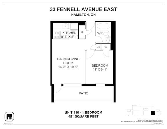A floor plan for a unit at 33 Fennell Avenue East in Hamilton, Ontario, Canada.