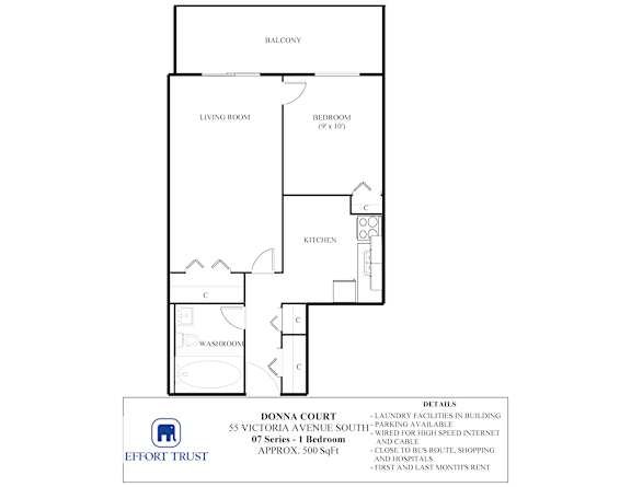 A floor plan for a Donna Court apartment shows a living room, a bedroom, a kitchen, a washroom and a balcony.