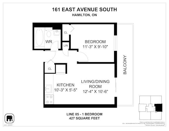 A floor plan for a home at 161 East Avenue South, Hamilton, Ontario shows a bedroom, a kitchen, and a living/dining room.