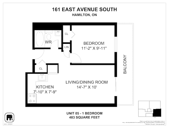 A floor plan for a unit at 161 East Avenue South in Hamilton, ON, showing a bedroom, living/dining room, and kitchen.