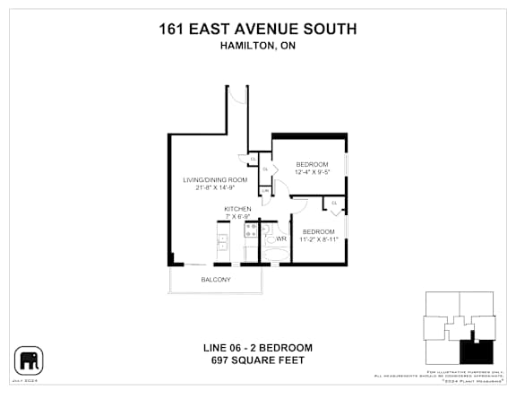 Floor plan for a 2 bedroom apartment at 161 East Avenue South, Hamilton, ON.
