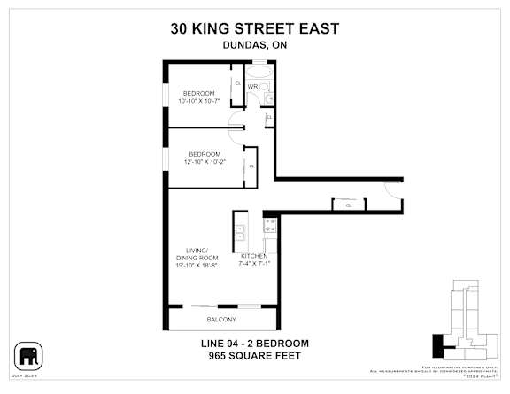 A floor plan for a 965 square feet apartment at 30 King Street East in Dundas, Ontario.