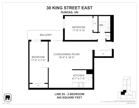A floor plan for a property at 30 King Street East in Dundas, Ontario, showing a bedroom, living/dining room, kitchen, and balcony.