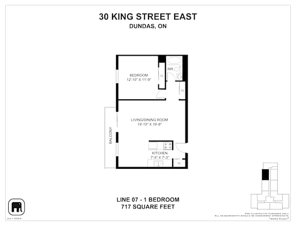 A floor plan for a property at 30 King Street East in Dundas, Ontario, showing a bedroom, living/dining room, kitchen, and bathroom.