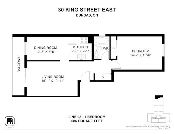 A floor plan for a one bedroom apartment at 30 King Street East in Dundas, Ontario.
