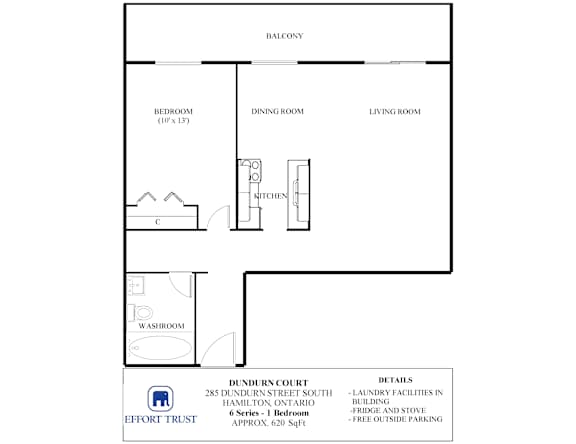 A floor plan of a building with a balcony, bedroom, dining room, living room, kitchen, washroom, and a courtyard.