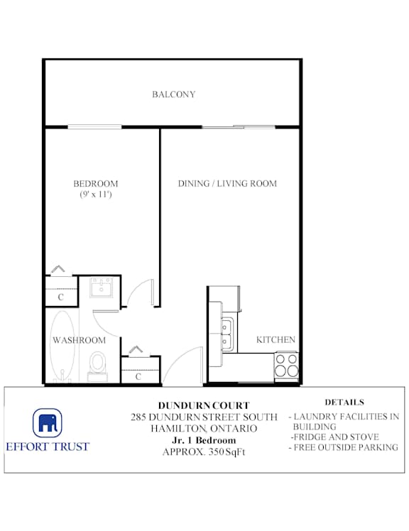 A floor plan of a 1 Bedroom apartment in the Dundurn Court building.