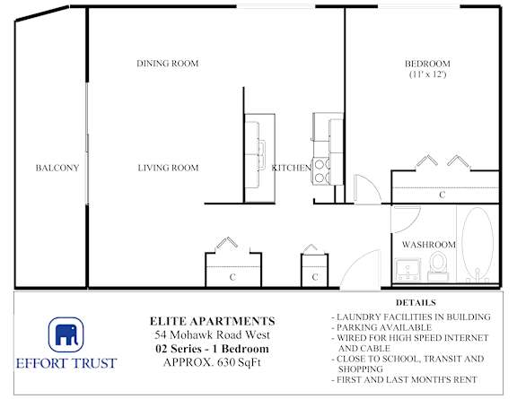 A floor plan for a 1 bedroom apartment with details.