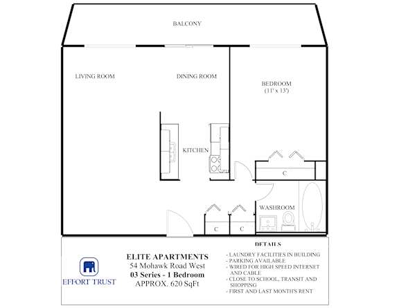 A floor plan of a one bedroom apartment with a balcony.