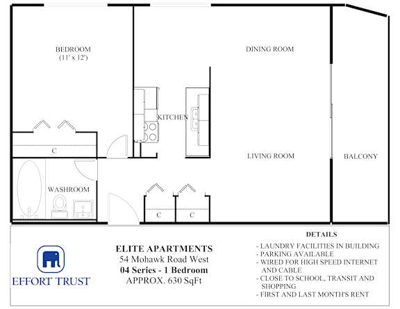 A floor plan for a 1 bedroom apartment with details on the side.