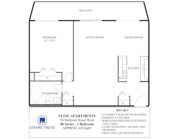 A floor plan for a 1 bedroom apartment with details.