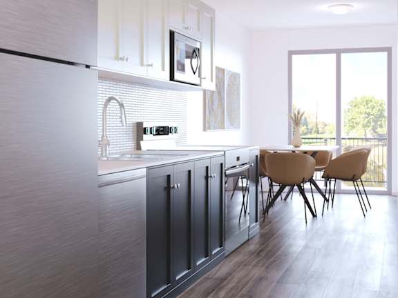 Kitchen with Dark Grey Cabinets at The Maverick Apartments, Kitchener, Ontario
