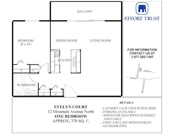 A floor plan for a rental property at Evelyn Court shows a bedroom, a dining room, a living room, a kitchen, and a washroom.