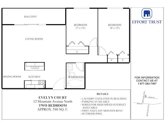 A floor plan for a two bedroom apartment with a living room, dining room, kitchen, and two bathrooms.