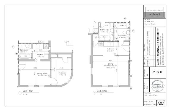 A floor plan for a two unit apartment building with the names Andre Arsenault Architect and Vive on the top and bottom right.