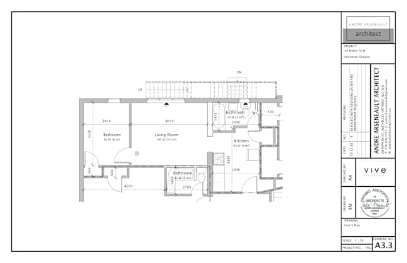 A floor plan for an architect's office shows a living room, dining room, kitchen, and bathroom.
