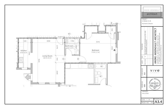 A floor plan for a home with a kitchen, living room, and bathroom.