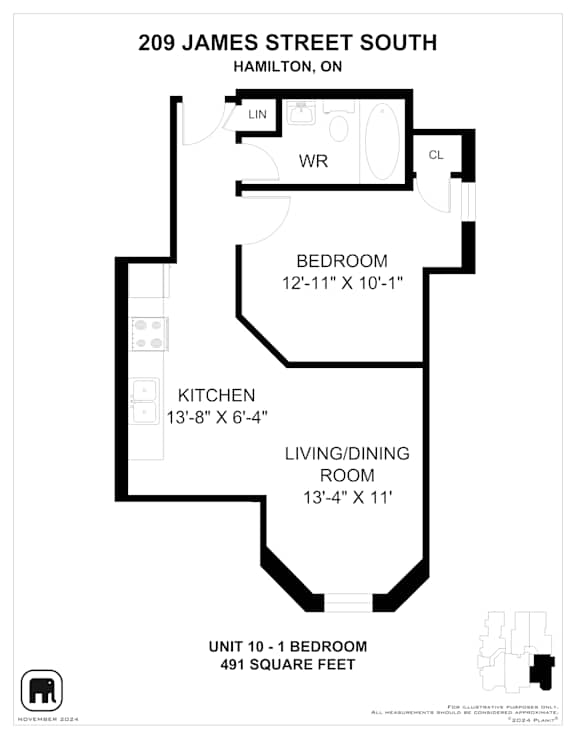 A floor plan for a one bedroom apartment at 209 James Street South in Hamilton, Ontario.