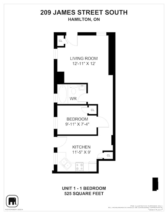 A floor plan for an apartment at 209 James Street South in Hamilton, Ontario.