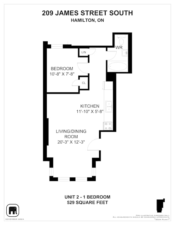 A floor plan for a 1 bedroom apartment at 209 James Street South, Hamilton, Ontario.