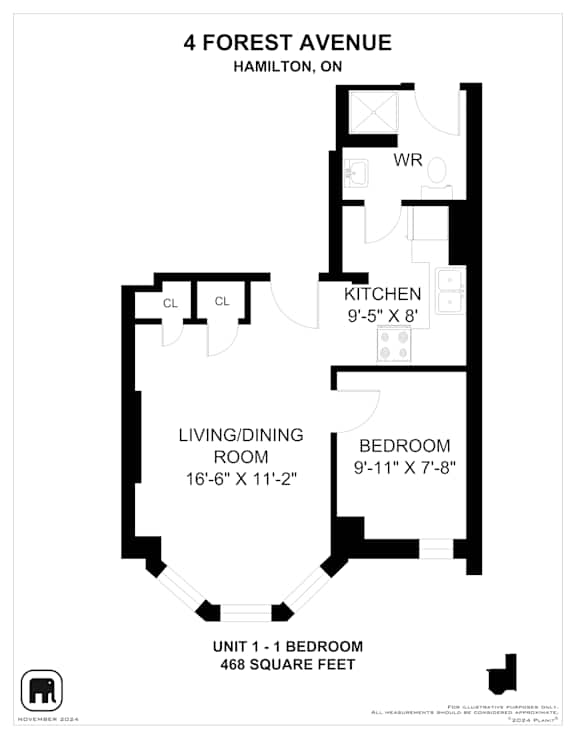 A floor plan for a one bedroom apartment at 4 Forest Avenue in Hamilton, Ontario.