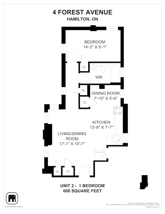A black and white image of a floor plan for a unit at 4 Forest Avenue, Hamilton, ON.
