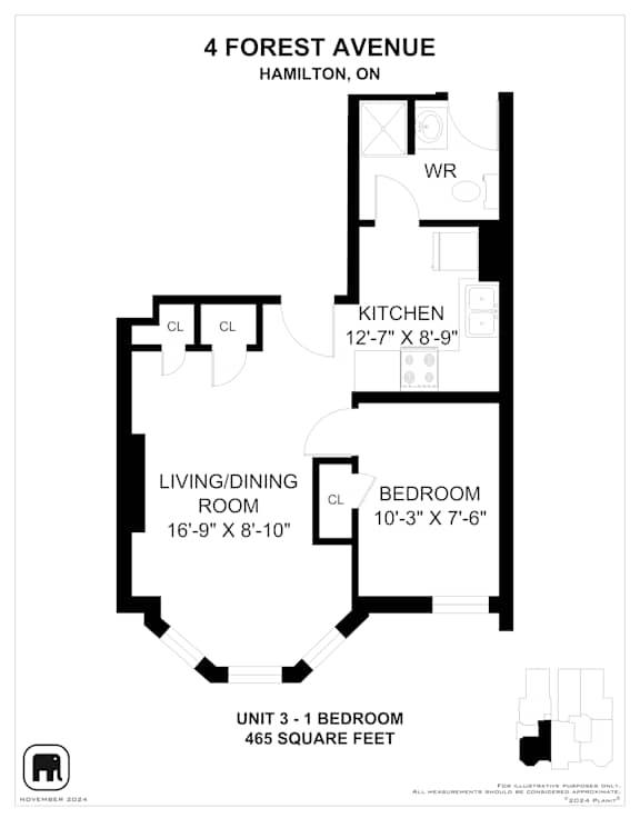 A floor plan for a 1 bedroom apartment at 4 Forest Avenue, Hamilton, Ontario.