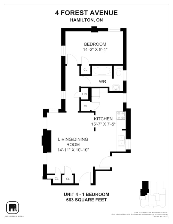 A black and white image of a floor plan for a unit at 4 Forest Avenue, Hamilton, ON.