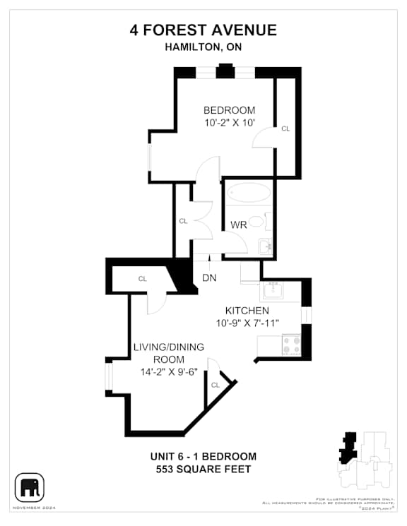A floor plan for a 553 square feet unit at 4 Forest Avenue in Hamilton, Ontario.