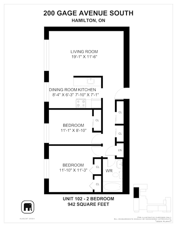 A floor plan for a 2 bedroom apartment at 200 Gage Avenue South, Hamilton, ON.