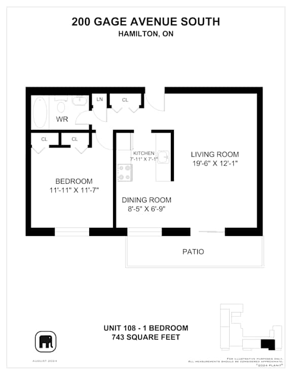 A floor plan for a 1 bedroom apartment at 200 Gage Avenue South in Hamilton, Ontario.