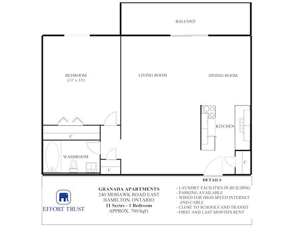 A floor plan of a one bedroom apartment with a balcony.
