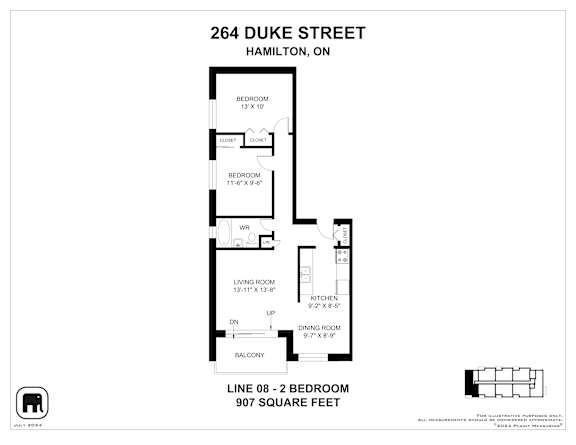 A floor plan for a 907 square feet condo at 264 Duke Street, Hamilton, ON.