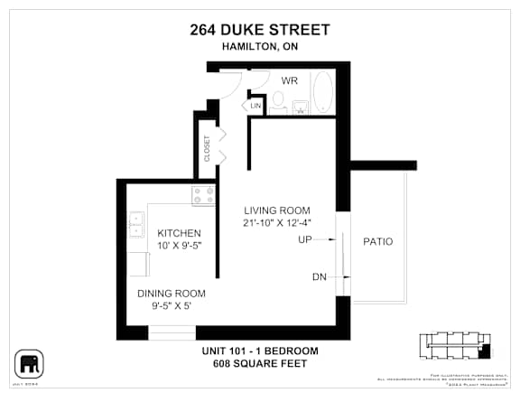 A floor plan for a duplex apartment at 264 Duke Street, Hamilton, ON.