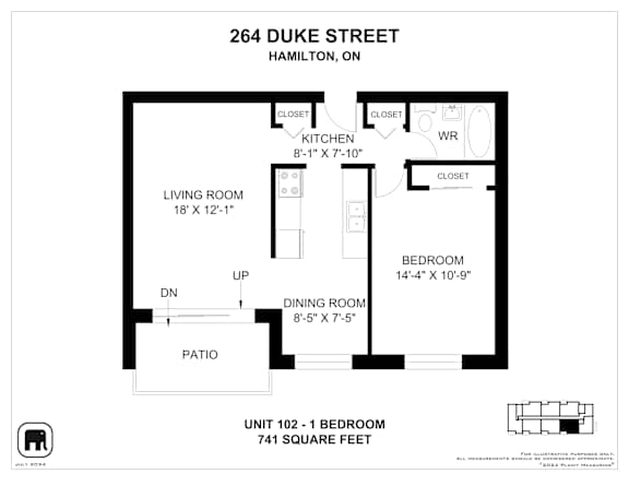 A floor plan for a duplex apartment at 264 Duke Street in Hamilton, ON.