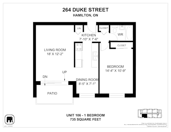 A floor plan for a duplex apartment at 264 Duke Street, Hamilton, ON.