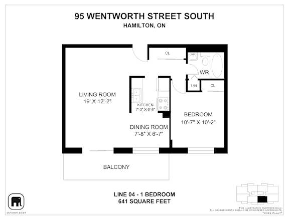 A floor plan for a property at 95 Wentworth Street South, Hamilton, ON, showing a living room, dining room, kitchen, and bedroom with their respective dimensions.