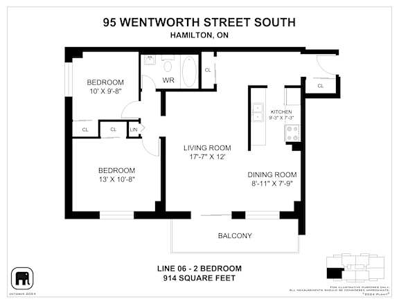 A floor plan for a property at 95 Wentworth Street South, Hamilton, ON, showing the layout of the bedrooms, living room, kitchen, dining room, and balcony.