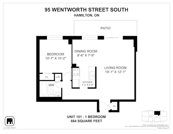 A floor plan for a unit at 95 Wentworth Street South, Hamilton, ON, showing a bedroom, dining room, living room, kitchen, and a patio.