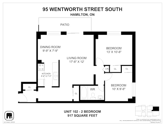 A floor plan for a 2 bedroom apartment at 95 Wentworth Street South, Hamilton, ON.
