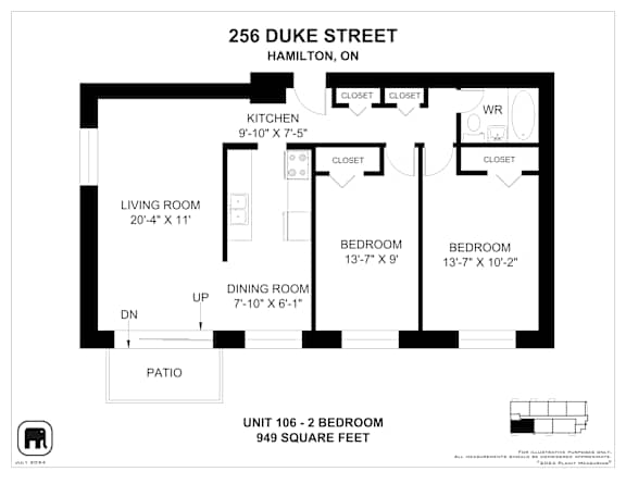 A floor plan for a 2 bedroom apartment at 256 Duke Street, Hamilton, ON.