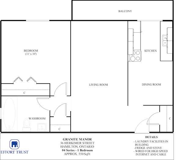 A floor plan of a one bedroom apartment with a washroom and a kitchen.