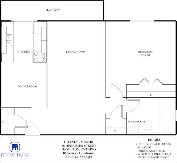 A floor plan of an apartment with a kitchen, living room, bedroom, dining room, and washroom.