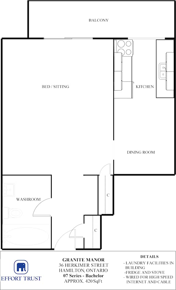 A floor plan of an apartment with a bed sitting area, a kitchen, a dining room, a washroom and a balcony.