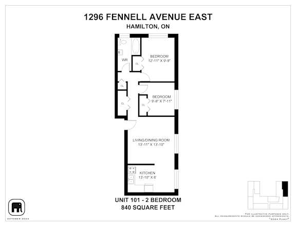 A floor plan for a 2 bedroom apartment at 1296 Fennell Avenue East, Hamilton, ON.