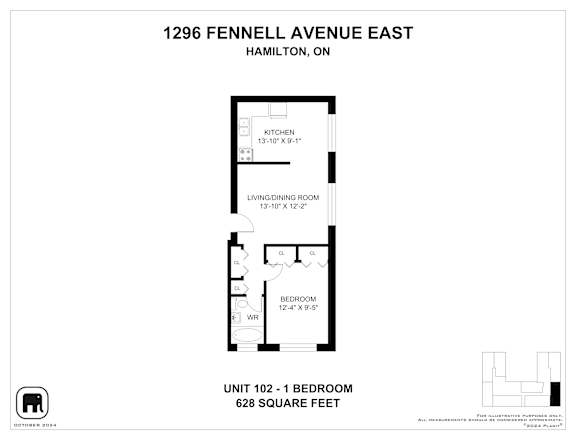A floor plan for a 1 bedroom apartment at 1296 Fennell Avenue East, Hamilton, Ontario.