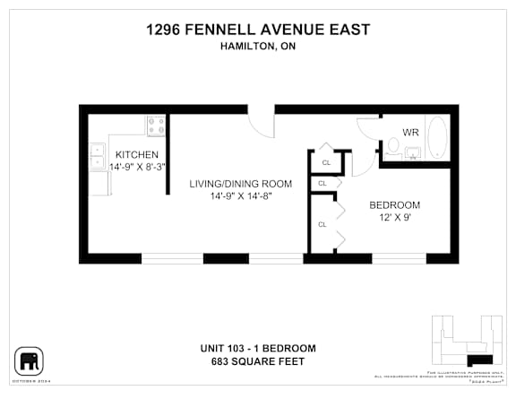 A floor plan for a unit at 1296 Fennell Avenue East in Hamilton, Ontario.
