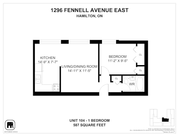 A floor plan for a 1 bedroom unit at 1296 Fennell Avenue East in Hamilton, Ontario.